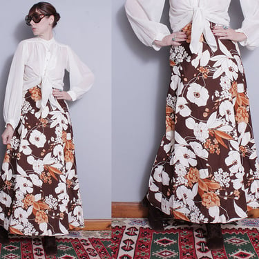 Vintage 1970's | Brown | Long | Large Floral | 100% Cotton | Maxi | Skirt | S 