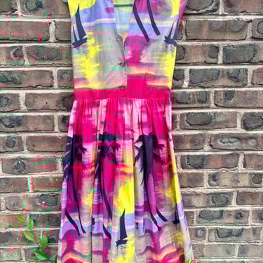 Vintage 1950s Hand Painted Sunset Novelty Shirt Dress Sleeveless Collared Small by TimeBa