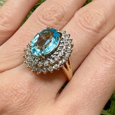 80s Stunning Light Blue Crystal Gold Cocktail Ring Size 6.5 &amp; 7