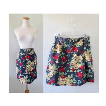 Vintage Floral Denim Mini Skirt - 90s High Waisted Wrap Jean Skirt with Pockets - Spring Summer Clothes - Size Small 