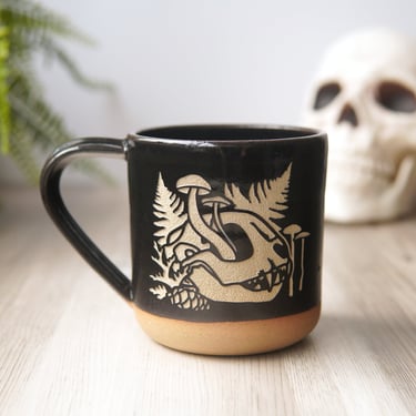 Cat Skull Mug Decaying Forest with Mushrooms 