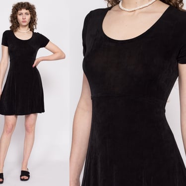 Sm-Med 90s Minimalist Black Slinky Mini Dress | Vintage Short Sleeve Stretchy Scoop Neck Grunge Dress 