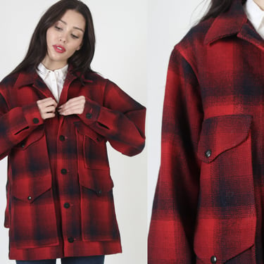 Pendleton Buffalo Plaid Cruiser Jacket / Holiday Tartan Mackinaw Coat / Button Up Chore Clothing / Mens Wool Coat Size Medium M 