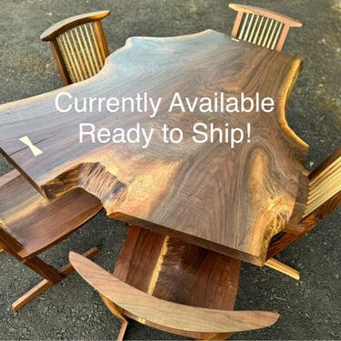 George Nakashima Style Walnut Live edge Dining Table with Five Conoid Chairs 