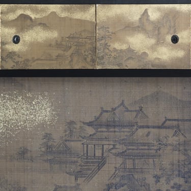 Antique Japan floating landscape sliding panel Tokonoma set miniature art 1800 Tokonoma Fusuma 