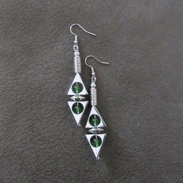 Silver and green geometric earrings 