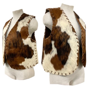Vtg Vintage 1970s 70s Authentic Cowhide Whip Stitch Cropped Western Cowboy Vest 