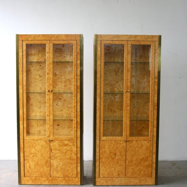 Mid Century Modern Pair of Burl Wood & Brass Vitrine cabinets By Tomlinson 