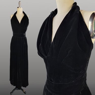 1950s Velvet Dress / Backless Halter Top and Maxi Skirt / 1950s Black Velvet Gown / Size X-Small Small 