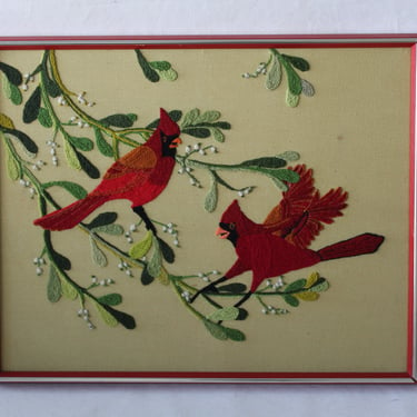 Vintage Mid Century Red Cardinals Green Branches Crewel Embroidery Needlepoint Wall Art 