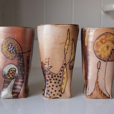 Set of 3 WILLI EGGERMAN TUMBLERS Cups, 5" High, Studio Pottery Ceramic Abstract Art Post-Modern Design Mid-Century Modern bitossi eames era 