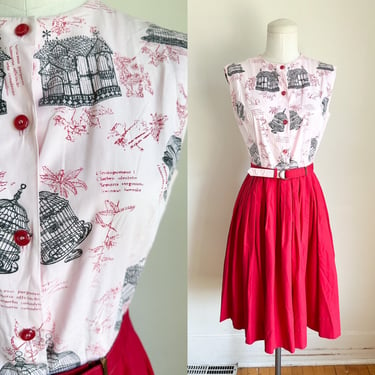 Vintage 1950s-60s Birdcage Novelty Print Dress / XS 
