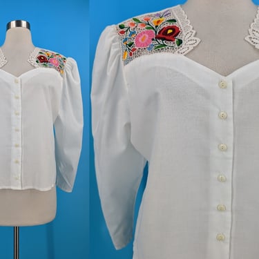 Vintage Hungarian Kalocsai Hand Embroidered Blouse - Large White Sweetheart Button Up Blouse with Princess Sleeves 