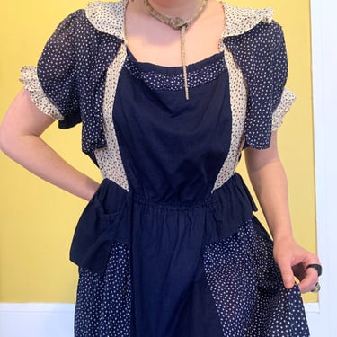 1930s Star Print Color Block Cotton Dress - Size S/M/L