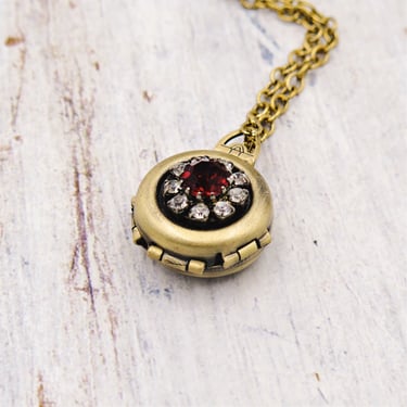 Rhinestone Flower Necklace, 4 Photo Locket, Multi Photo Locket Necklace, Vintage Red Crystal Jewel 
