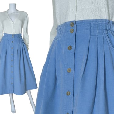 Vintage Corduroy Skirt, Small Medium / Sky Blue Button Skirt / Flared Cotton Velvet Swing Skirt / Elastic Waist Skirt with Pockets 