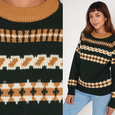 70s Sweater Green Striped Pullover Knit Ringer Sweater Gold Nordic Geometric Print Crewneck Acrylic Raglan Sleeve Vintage 1970s Medium M 