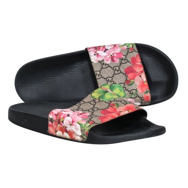 Gucci - Brown Monogram &quot;GG Blooms Supreme Floral Slide Sandals&quot; Sz 10