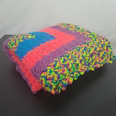 Vintage Neon Rainbow Crochet Afghan Blanket 