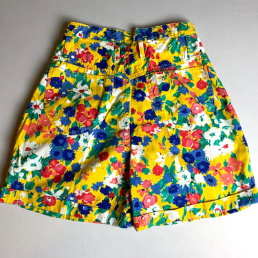 Vintage 80s 90s Yellow Floral Denim Shorts Size Small 28 Waist 