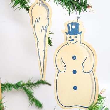 2 Vintage 1950's Cardboard Christmas Tree Ornaments, Snowman and Icicle Die Cut Paper, Antique Retro MCM Christmas 