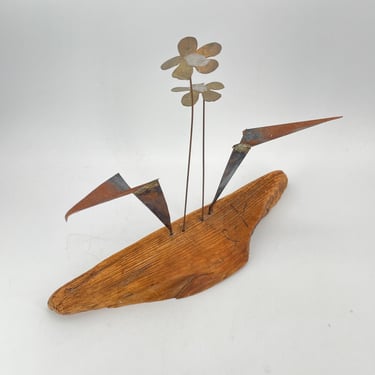 Brass Brazened Flkower Still Life on Wood Sculpture Vintage Mid-Century 1960s C.Jere Style Signed Geometric 