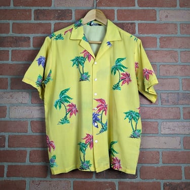 Vintage 70s 80s Lew Magram Hawaiian Pattern ORIGINAL Open Collar Party Shirt - Medium / Large 