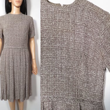 Vintage 60s Brown Woven Nubby Pleated Dress Made In USA Union Label Size S/M 