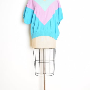 vintage 80s top blue pastel chevron stripe draped batwing shirt blouse XL XXL clothing 