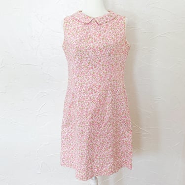 60s Cotton Pink Green White Floral Sleeveless Peter Pan Collar Shift Dress | Medium/Large 