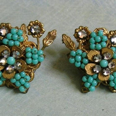 Vintage Unsigned Miriam Haskell, DeMario Beaded Clip-On Earrings, Old Haskell Earrings, Vintage Turquoise Beaded Earrings (#4465) 