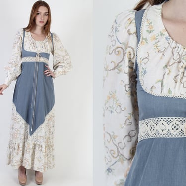 Gunne Sax Blue Corduroy Dress / Vintage 70s Festival Dirndl Maxi Dress / Old Fashion Cross Stitch Print Floral Lace Corset Dress 