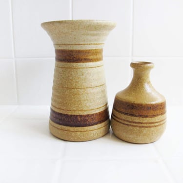 Vintage 70s Potterycraft Small Vase Lot of 2 - Beige Brown Stripe Earthy Ceramic Bud Flower Vase - Desert Boho Decor 