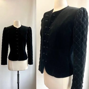 Vintage 80s Velvet Coat Jacket / QUILTED PUFF SLEEVES / Cropped and Fitted / Victorian Austrian Style 