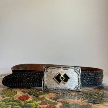 Handmade Black Genuine Leather Western Mexico Made Chunky Silver Buckle Belt - L 