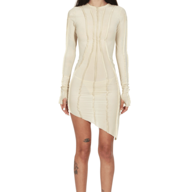 ASYMMETRIC LONG SLEEVE MINI DRESS IN IVORY MESH