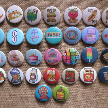Vintage Style Pinback Buttons -  80s 90s Misc. Novelty Pins - You Choose - Nostalgia Toys Stickers Themes - 1.25