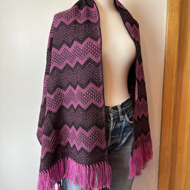 Vintage 70’s chevron striped shawl scarf~ mauve purple with black wool fringe festive wrap 