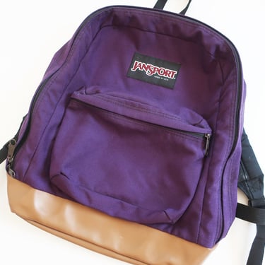 vintage backpack / Jansport backpack / 90s backpack / 1990s purple Jansport Made in USA leahter bottom backpack 