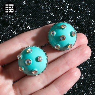 Beautiful Vintage 60s 70s Turquoise Blue Round Earrings with Iridescent Rhinestones 