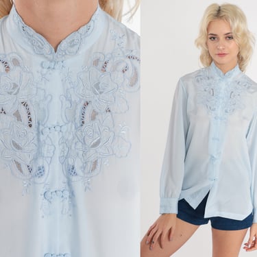 Embroidered Silk Blouse 80s Asian Floral Top Baby Blue Button up Shirt Long Sleeve Mandarin Collar Frog Closure Vintage 1980s Extra Small xs 