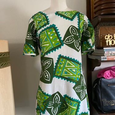 Vintage 60s Psychedelic Day Glo Barkcloth Bohemian Maxi Dress Abstract Geometric Print; 60s Cool Greens Hawaiian Flutter Sleeve Dress  L 
