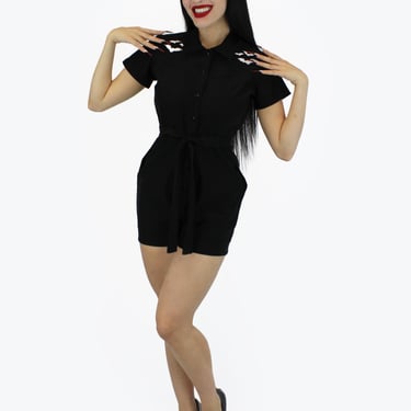 Stretchy Bat Black Romper With Belt Halloween PinUp Goth RomperXS-3XL 