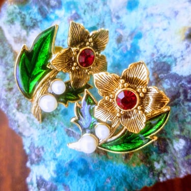 Vintage AVON Flower Earrings~Pretty Red Rhinestone, Enamel & Faux Pearl Earrings~Retro Jewelry~Gifts for her~JewelsandMetals 
