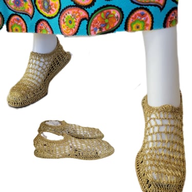 Vtg 1960's Metallic Gold Mesh hand Crocheted Slip On Shoes Sandals I Sz 7.5 