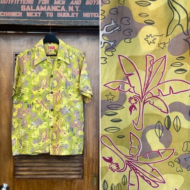 Vintage 1940’s Size L Atomic Modernist Silk Loop Collar Hawaiian Shirt, 40’s Vintage Clothing 