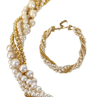 Vintage Faux Pearl Necklace, Triple Strand Twister Necklace with Gold Beads 