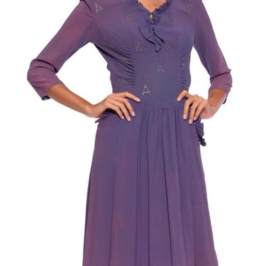 1940S Purple Rayon Blend Crepe Silver Studded Dress With Ruffles  Shirring, As-Is 