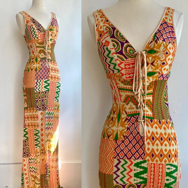 Sexy 70's Vintage Boho LACE-UP PATCHWORK Fitted Tank Dress 