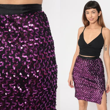80s Sequin Skirt Purple Side Slit Party Going Out Pencil Skirt Disco Skirt High Waisted Mini Retro Vintage Cocktail Skirt 1980s Small S 4 